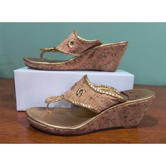 Jack Rogers Gold Metallic Leather Cork Wedge Sandals - Picture 1 of 8
